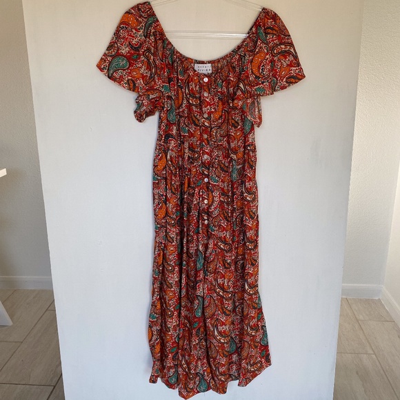 Margaux Riviera Dresses & Skirts - Margaux Riviera size XL off shoulder button front midi dress orange